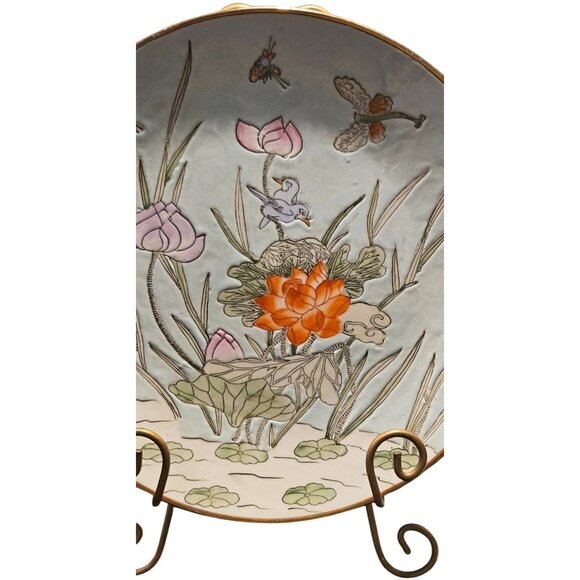 Vintage Plate Asian Hand-Painted Lotus Dragonfly Lily Gold Rim Stand 10.5 Green - Picture 4 of 9